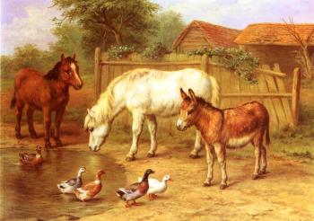 埃德加 亨特 Ponies Donky and Ducks In A Farmyard